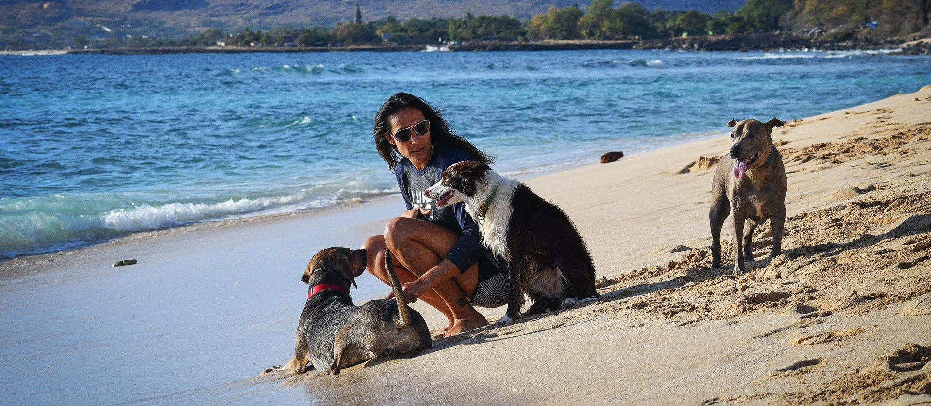 Maria and her dogs on the beach